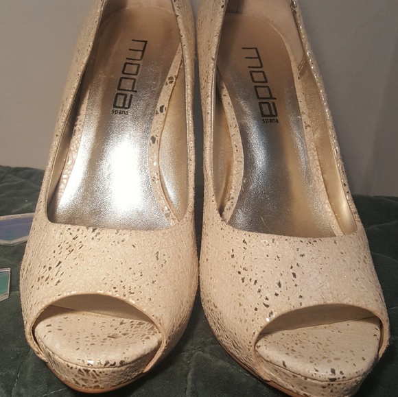 Metallic Snakeskin Style 4" Peep Toe Heels SZ 8 - Picture 2 of 8